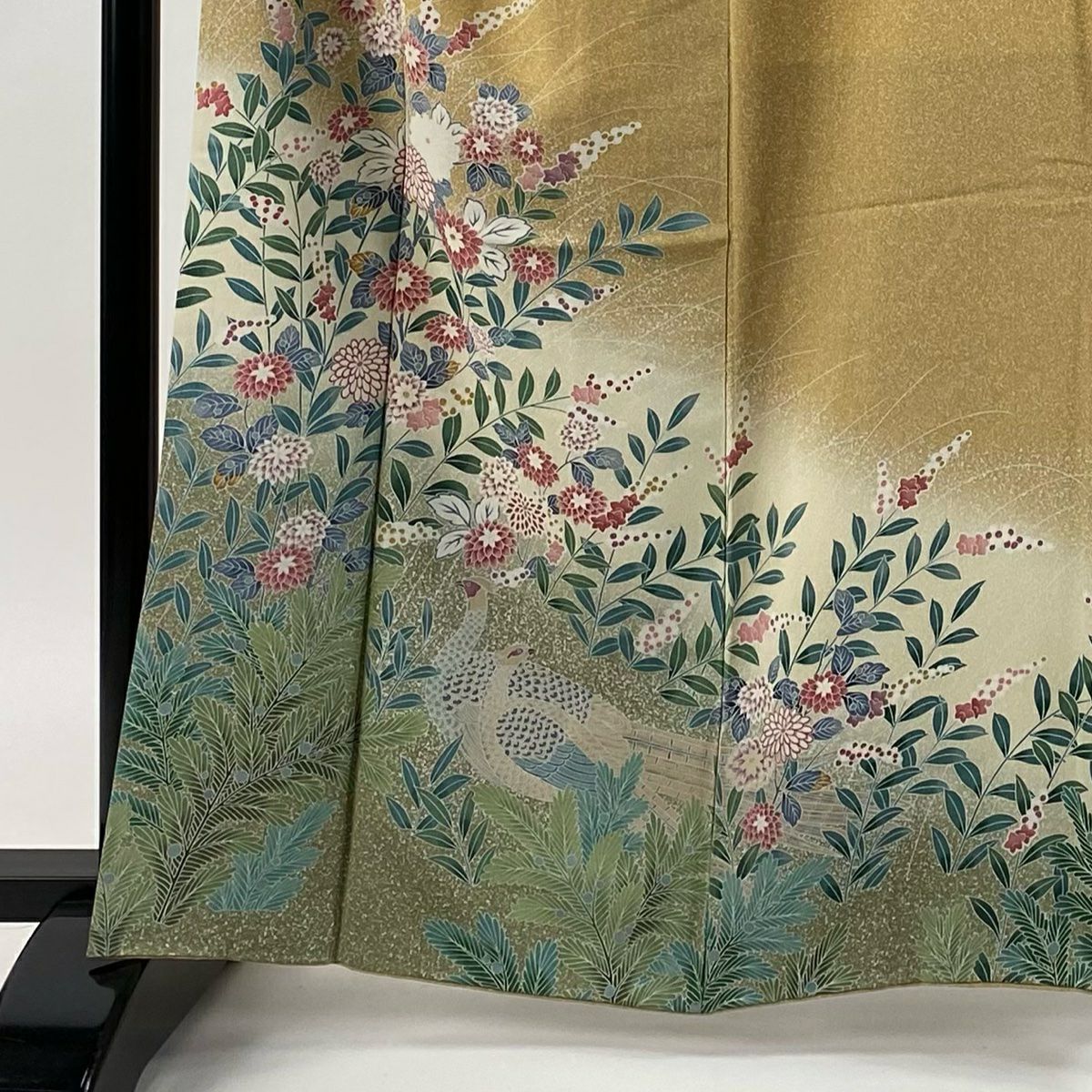 訪問服 身長162cm 袖長68.5cm L 雙層 草花紋紋 雉 複色 薄茶 純蠶絲 秀品級
