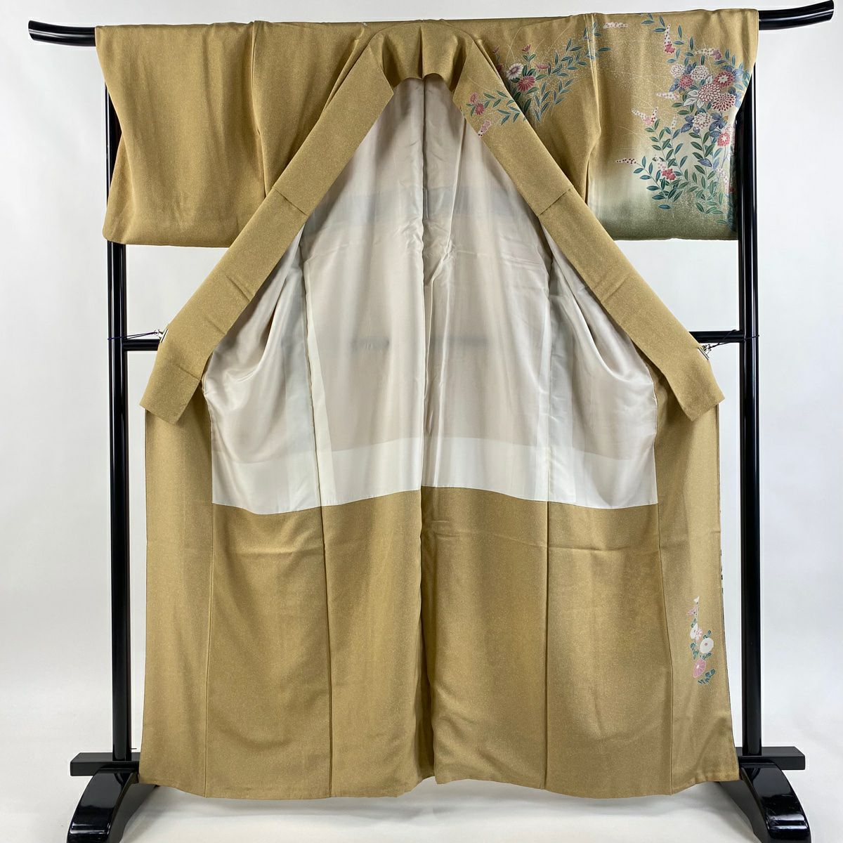 訪問服 身長162cm 袖長68.5cm L 雙層 草花紋紋 雉 複色 薄茶 純蠶絲 秀品級