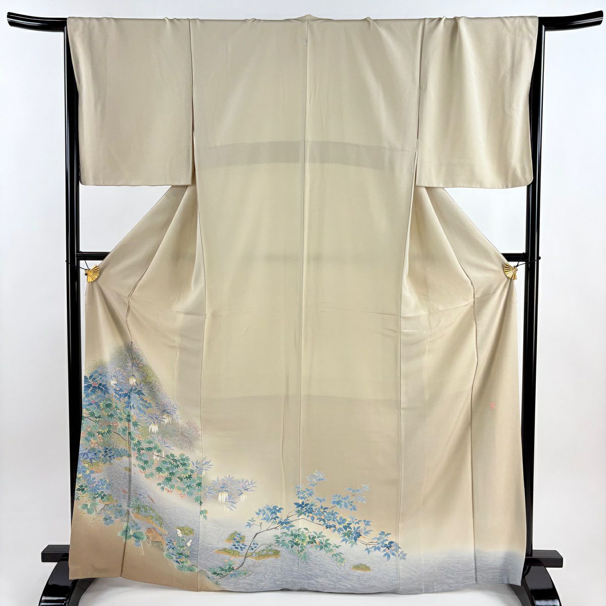 色留袖禮服 身長168.5cm 袖長68cm L 雙層 落款あり 枝花 水邊的風景 漸層 米色 純蠶絲 優品級 一つ紋