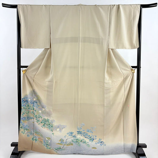 色留袖禮服 身長168.5cm 袖長68cm L 雙層 落款あり 枝花 水邊的風景 漸層 米色 純蠶絲 優品級 一つ紋