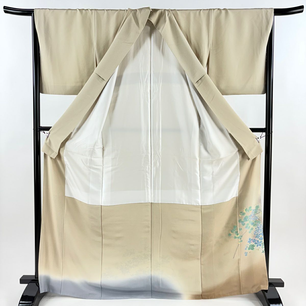 色留袖禮服 身長168.5cm 袖長68cm L 雙層 落款あり 枝花 水邊的風景 漸層 米色 純蠶絲 優品級 一つ紋