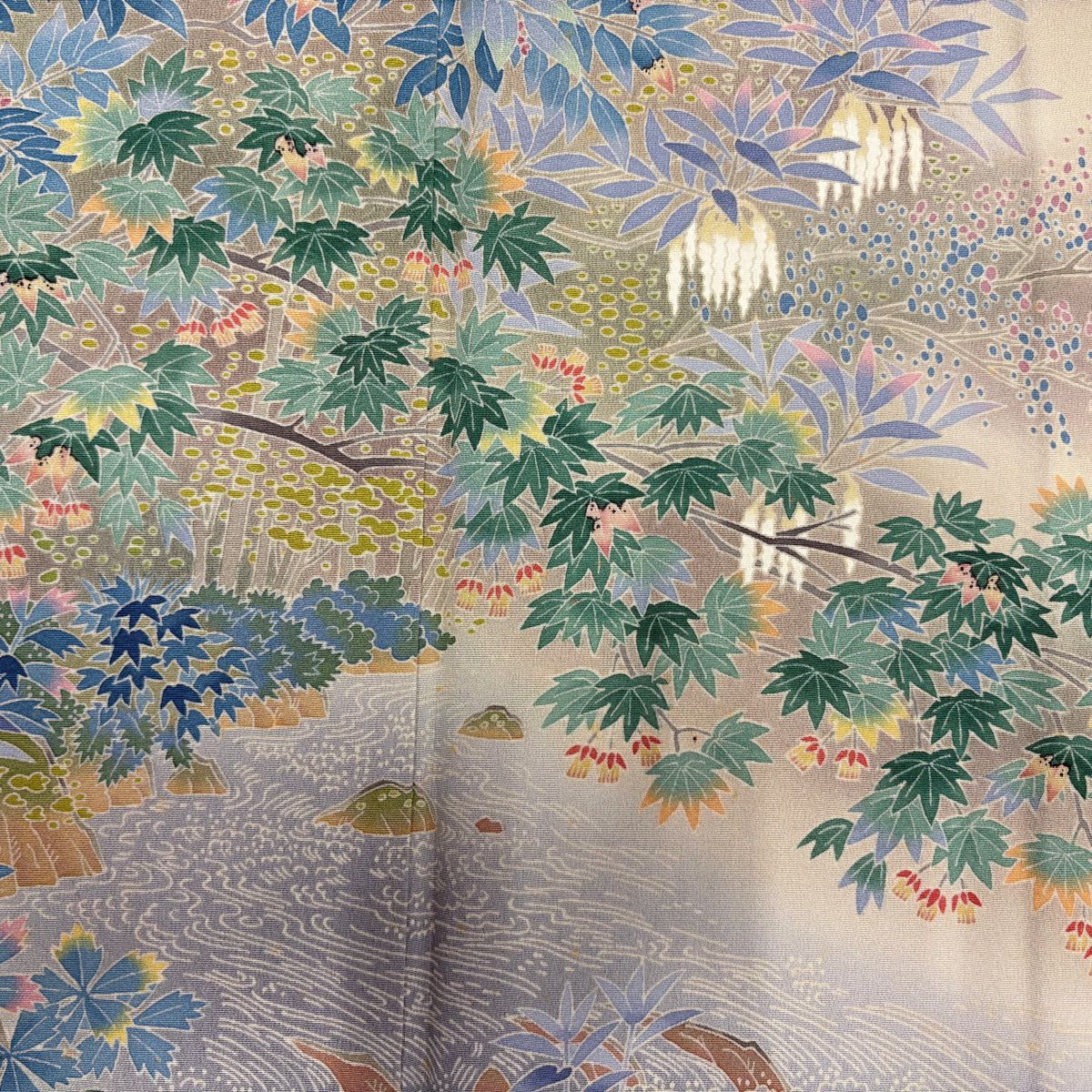 色留袖禮服 身長168.5cm 袖長68cm L 雙層 落款あり 枝花 水邊的風景 漸層 米色 純蠶絲 優品級 一つ紋