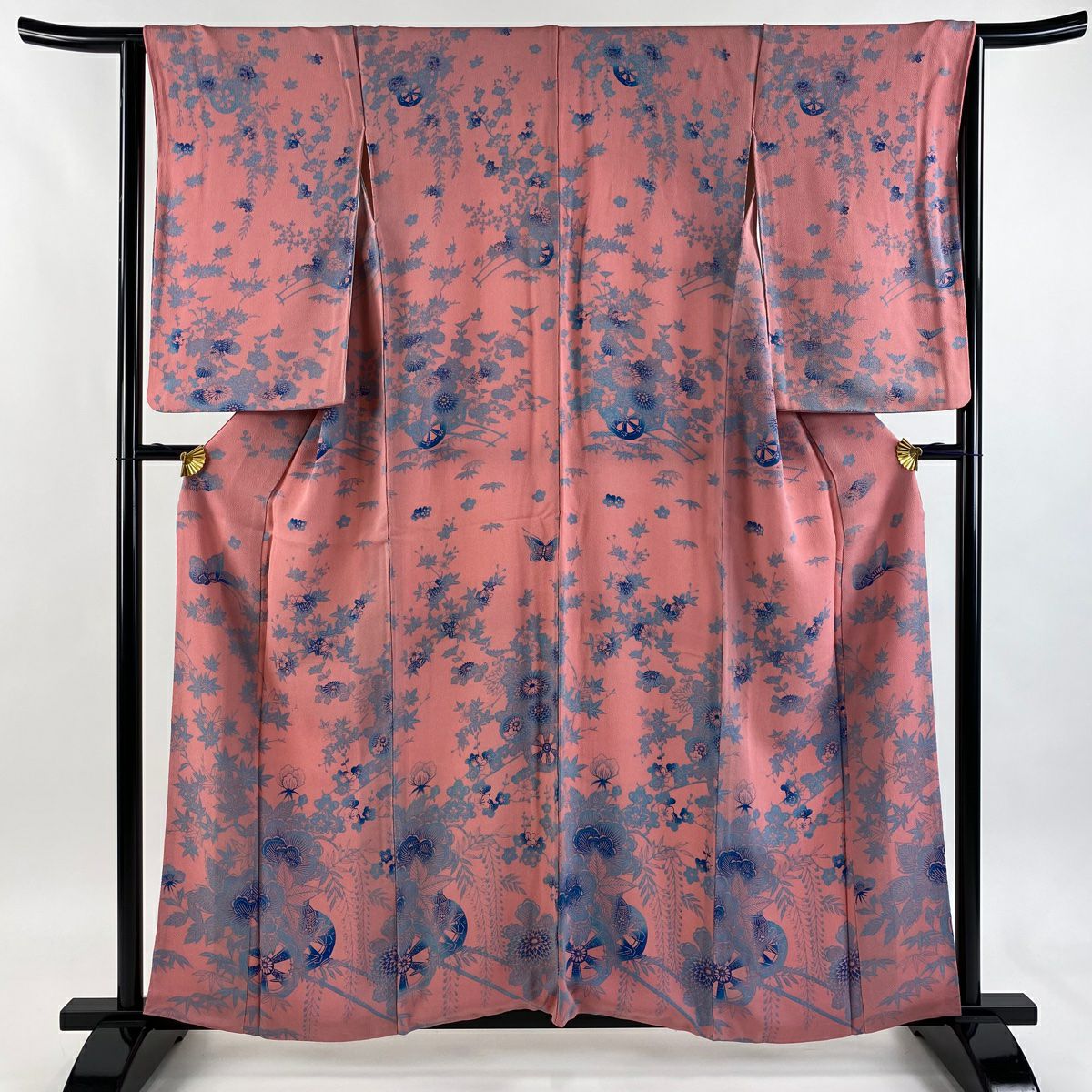【美品】 小紋 身長157.5cm 袖長63.5cm S 雙層 花車 蝶 絞染 漸層 粉紅 純蠶絲 優品級