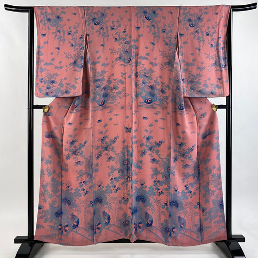 【美品】 小紋 身長157.5cm 袖長63.5cm S 雙層 花車 蝶 絞染 漸層 粉紅 純蠶絲 優品級