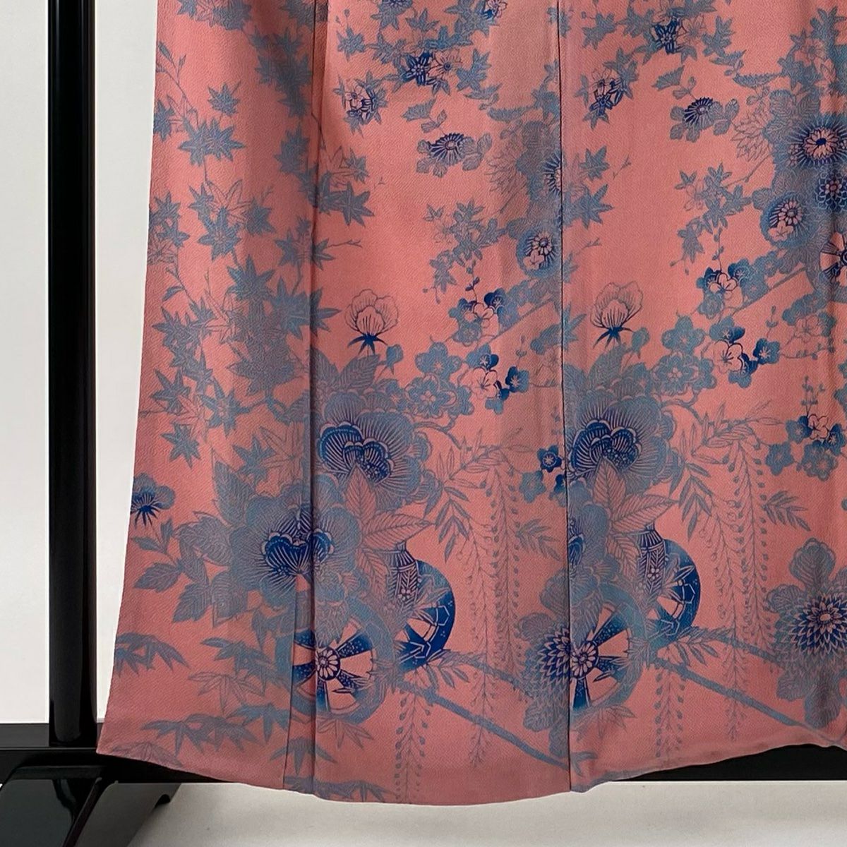 【美品】 小紋 身長157.5cm 袖長63.5cm S 雙層 花車 蝶 絞染 漸層 粉紅 純蠶絲 優品級