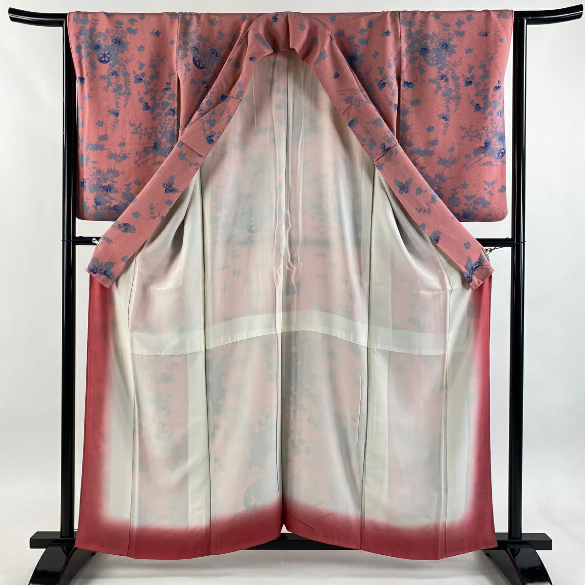 【美品】 小紋 身長157.5cm 袖長63.5cm S 雙層 花車 蝶 絞染 漸層 粉紅 純蠶絲 優品級