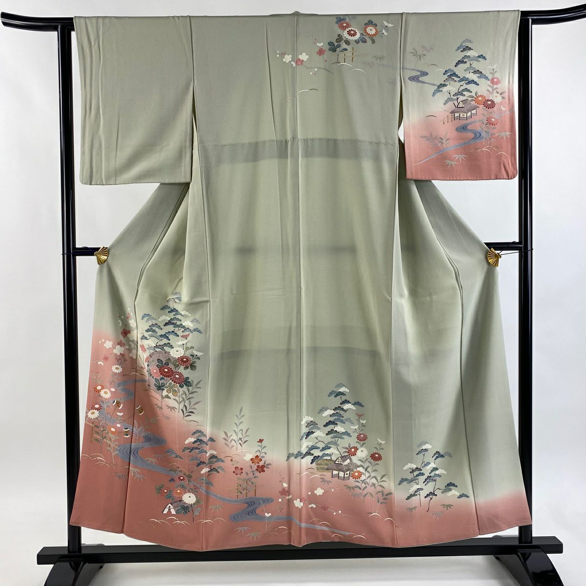 訪問服 身長155cm 袖長62.5cm S 雙層 草花紋紋 流水 染分 ぼかし 灰綠 純蠶絲 秀品級