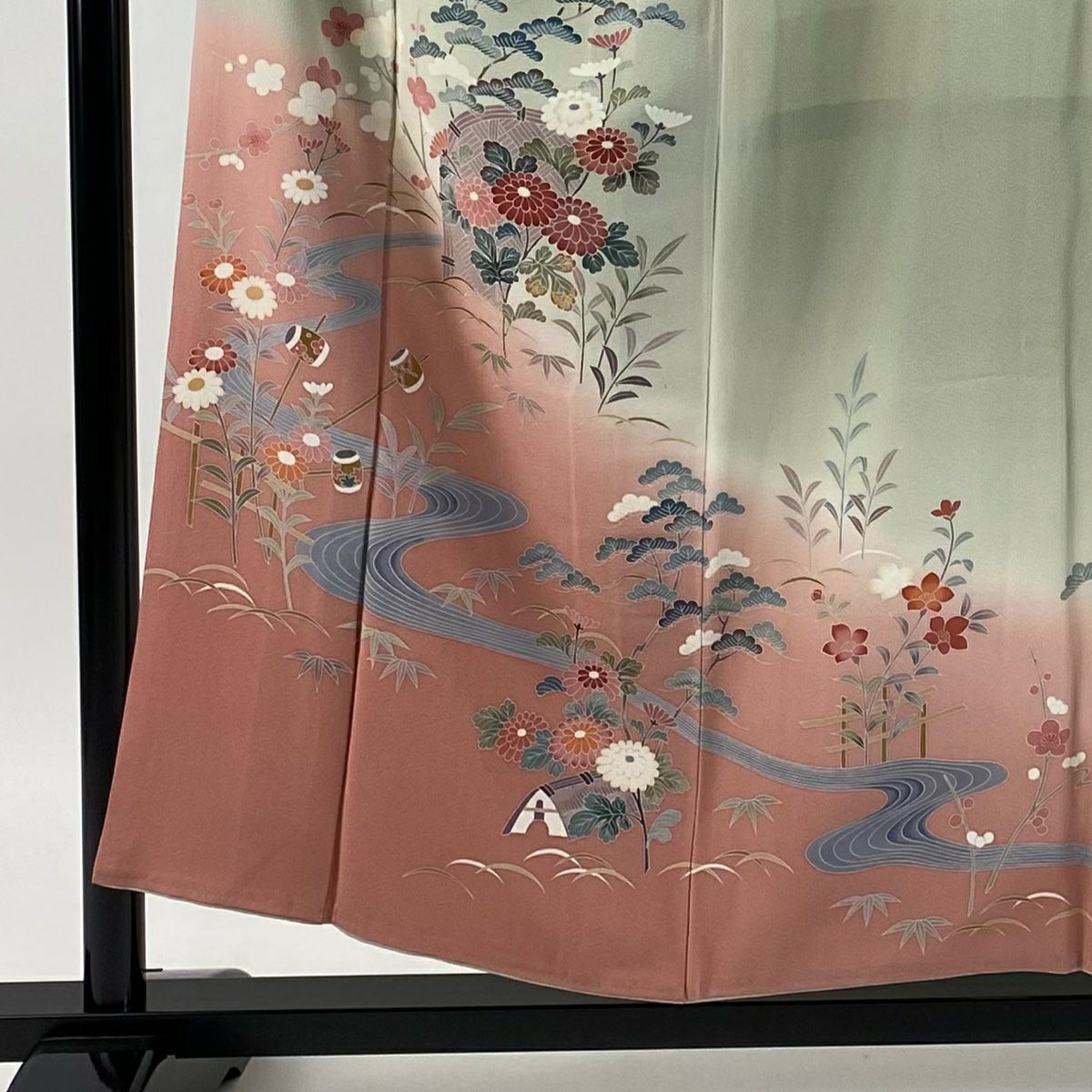 訪問服 身長155cm 袖長62.5cm S 雙層 草花紋紋 流水 染分 ぼかし 灰綠 純蠶絲 秀品級