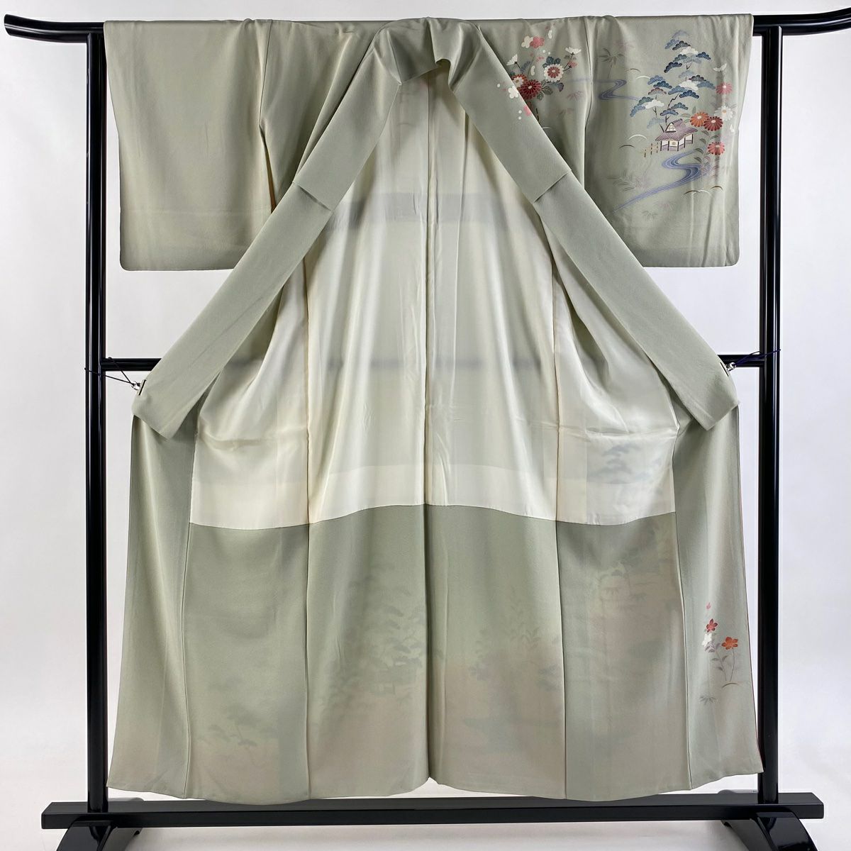 訪問服 身長155cm 袖長62.5cm S 雙層 草花紋紋 流水 染分 ぼかし 灰綠 純蠶絲 秀品級