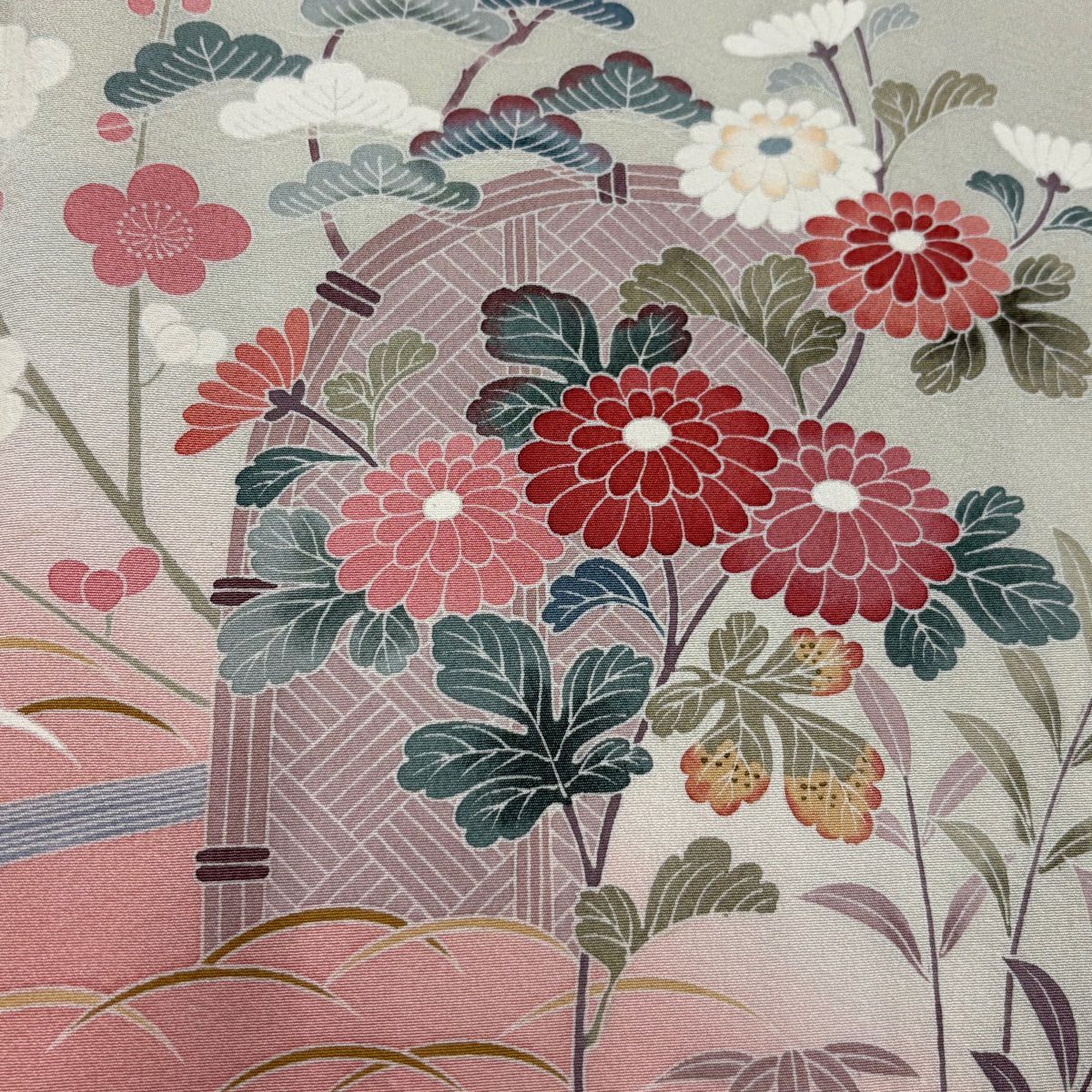 訪問服 身長155cm 袖長62.5cm S 雙層 草花紋紋 流水 染分 ぼかし 灰綠 純蠶絲 秀品級