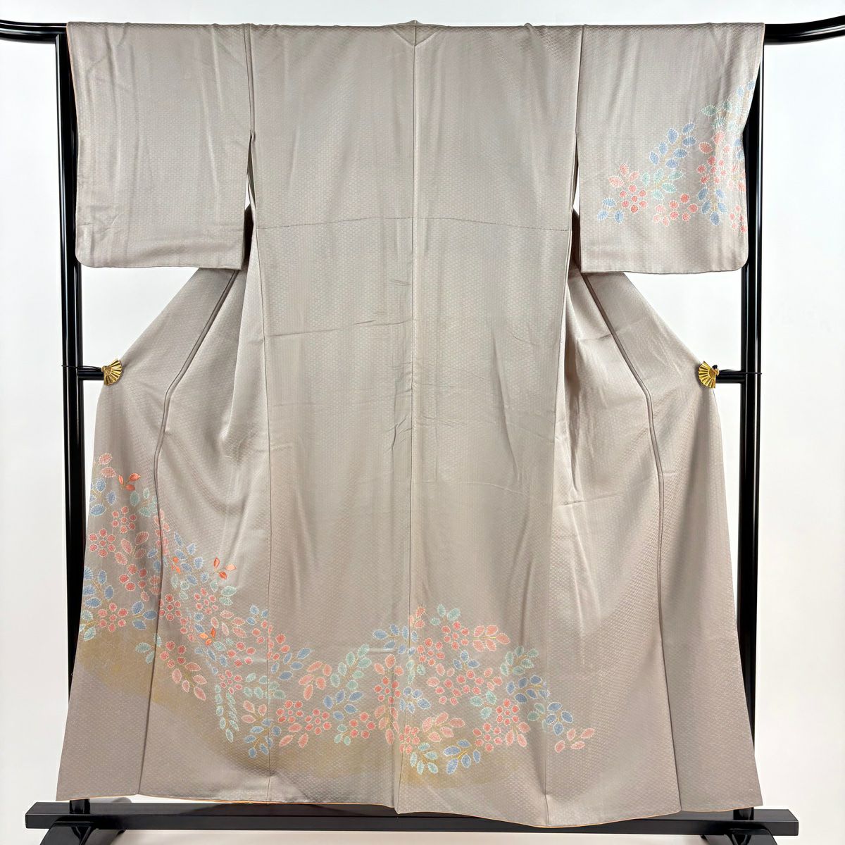付下 身長155.5cm 袖長65.5cm M 雙層 草花紋紋 刺繡 絞染 灰茶 純蠶絲 秀品級
