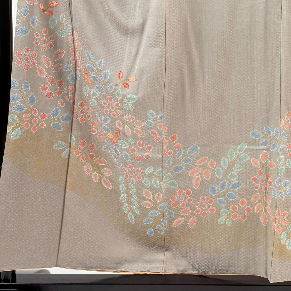 付下 身長155.5cm 袖長65.5cm M 雙層 草花紋紋 刺繡 絞染 灰茶 純蠶絲 秀品級