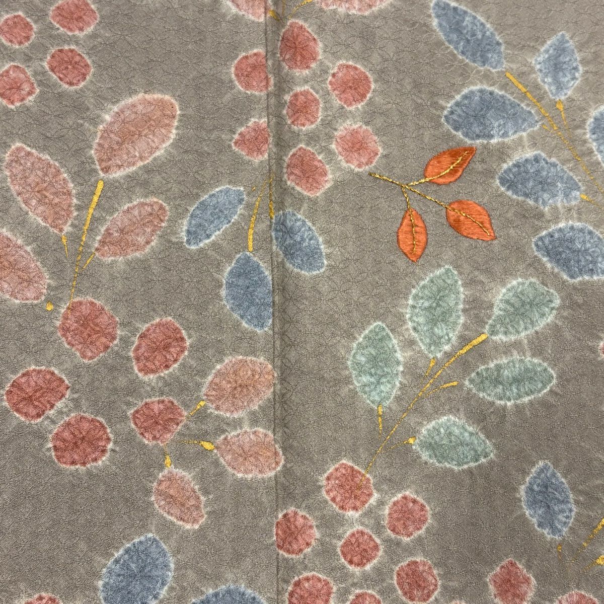 付下 身長155.5cm 袖長65.5cm M 雙層 草花紋紋 刺繡 絞染 灰茶 純蠶絲 秀品級