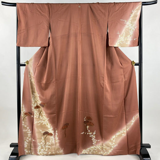 訪問服 身長164cm 袖長67cm M 雙層 松樹 萩 金銀彩 刺繡 薄小豆 純蠶絲 秀品級 一つ紋