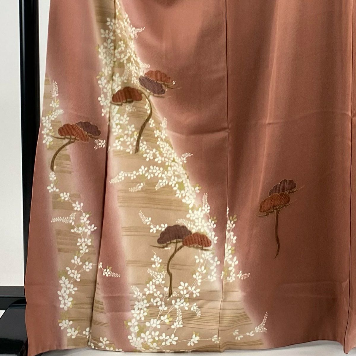 訪問服 身長164cm 袖長67cm M 雙層 松樹 萩 金銀彩 刺繡 薄小豆 純蠶絲 秀品級 一つ紋