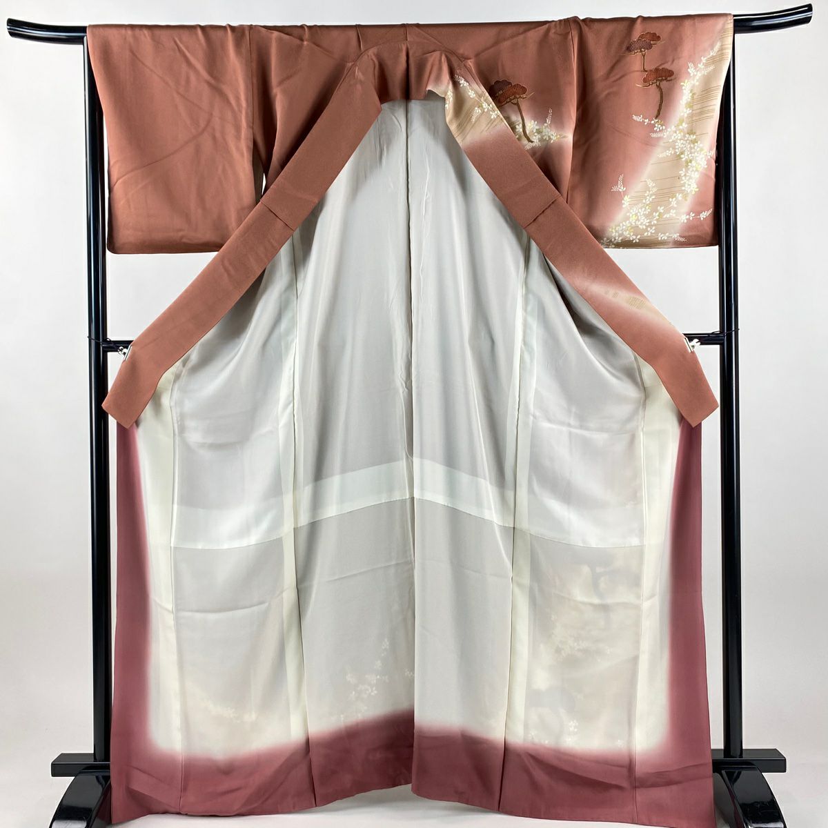 訪問服 身長164cm 袖長67cm M 雙層 松樹 萩 金銀彩 刺繡 薄小豆 純蠶絲 秀品級 一つ紋