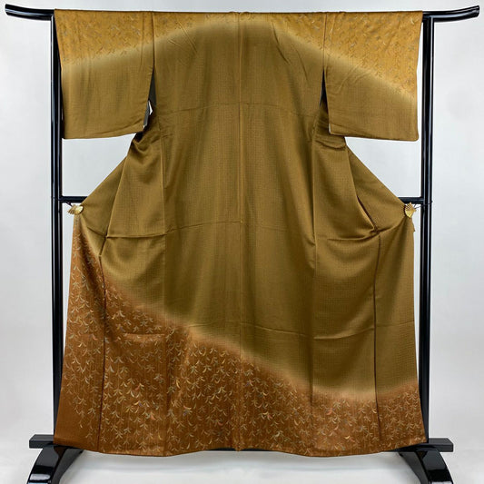 【美品】訪問服 身長159.5cm 袖長64cm M 雙層 葉地紋 金絲 金銀彩 茶 純蠶絲 秀品級