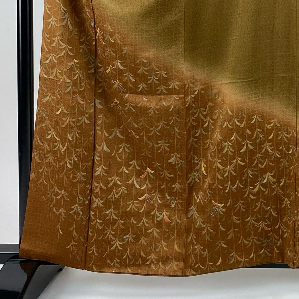 【美品】訪問服 身長159.5cm 袖長64cm M 雙層 葉地紋 金絲 金銀彩 茶 純蠶絲 秀品級