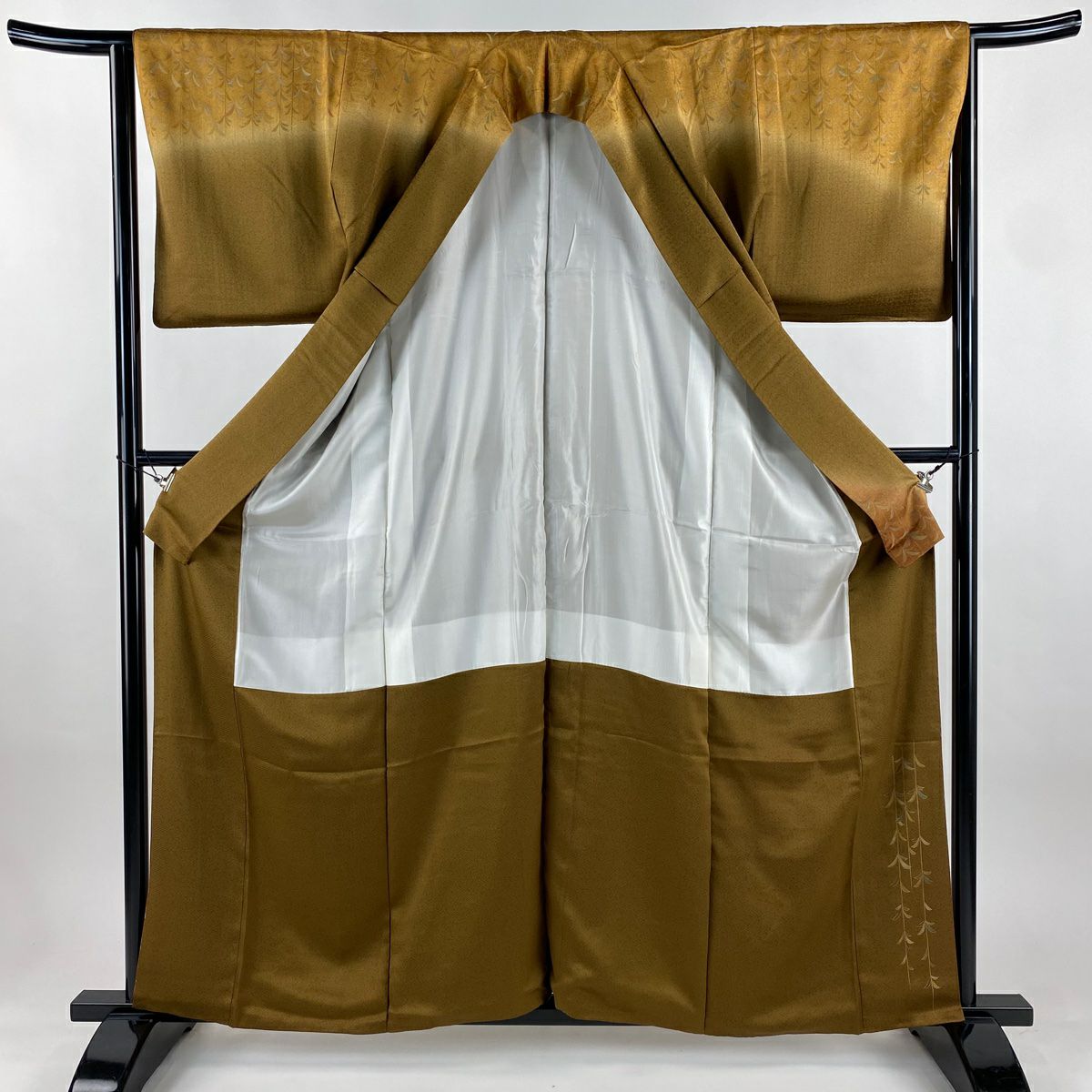 【美品】訪問服 身長159.5cm 袖長64cm M 雙層 葉地紋 金絲 金銀彩 茶 純蠶絲 秀品級