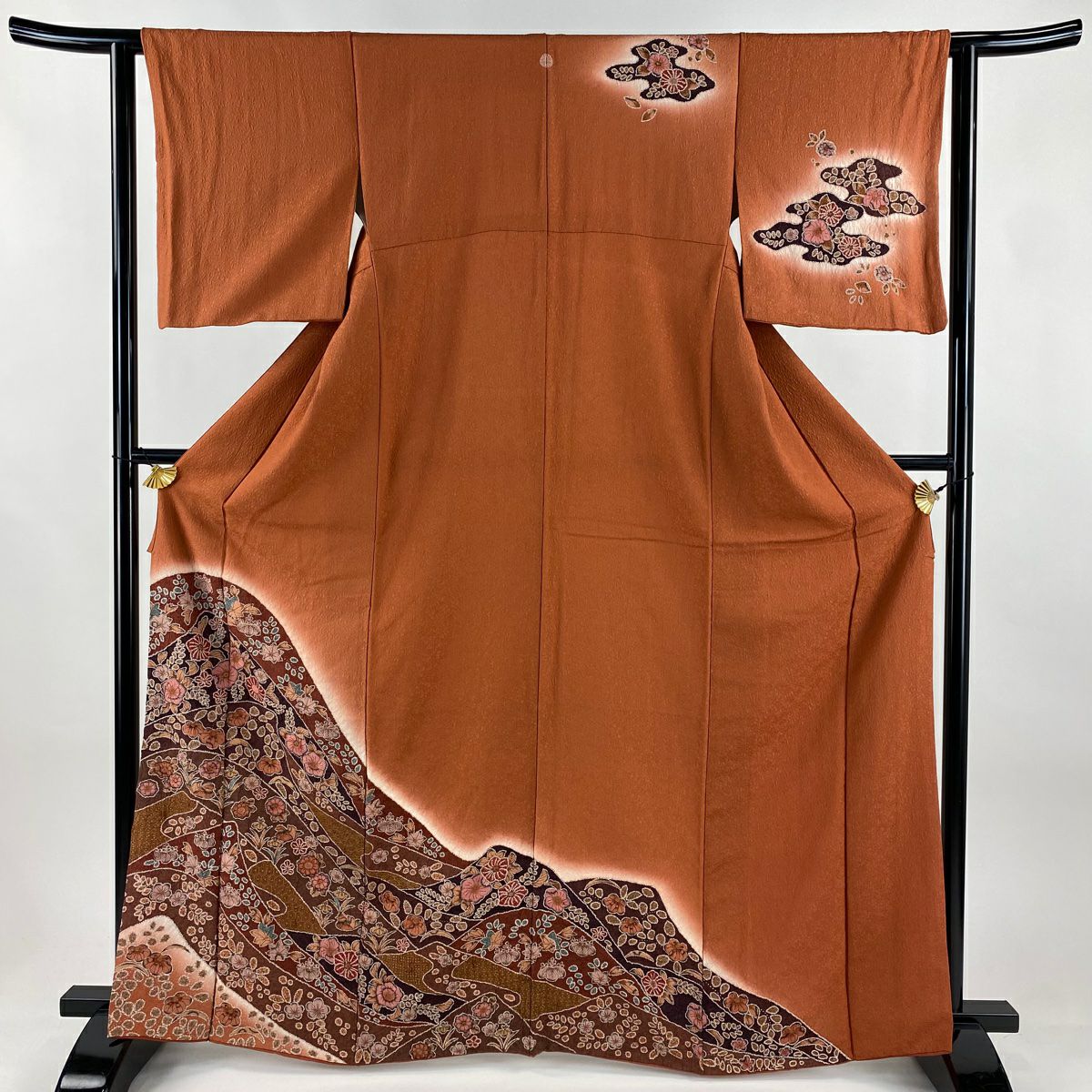 訪問服 身長164.5cm 袖長62.5cm S 雙層 草花紋紋 金彩裝飾 絞染 茜 純蠶絲 秀品級 一つ紋