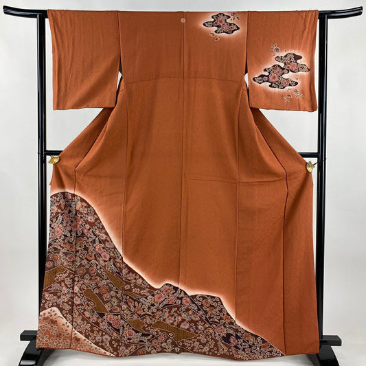 訪問服 身長164.5cm 袖長62.5cm S 雙層 草花紋紋 金彩裝飾 絞染 茜 純蠶絲 秀品級 一つ紋