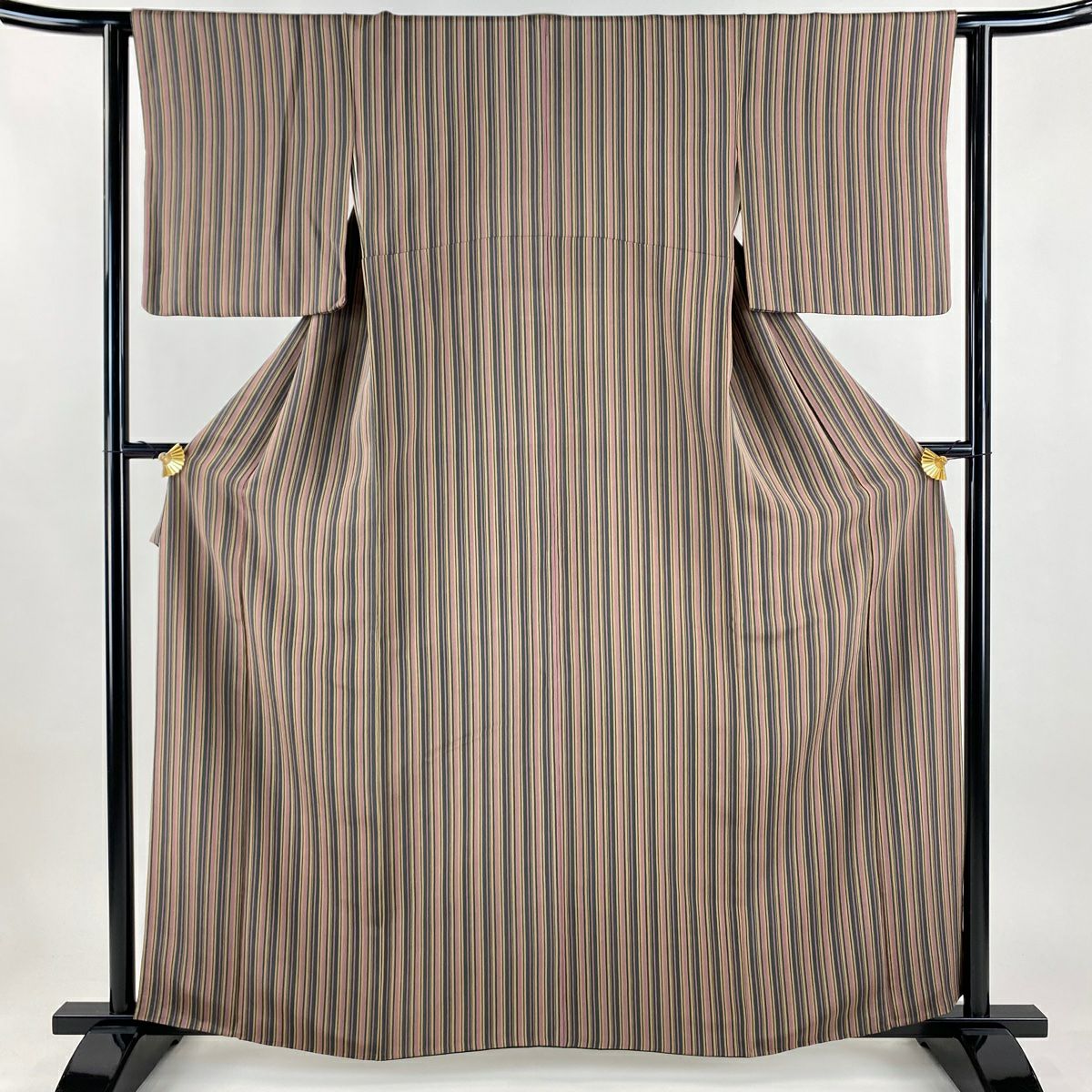 【美品】 小紋 身長160cm 袖長62cm S 雙層 縱條 縮緬 灰紫 純蠶絲 秀品級
