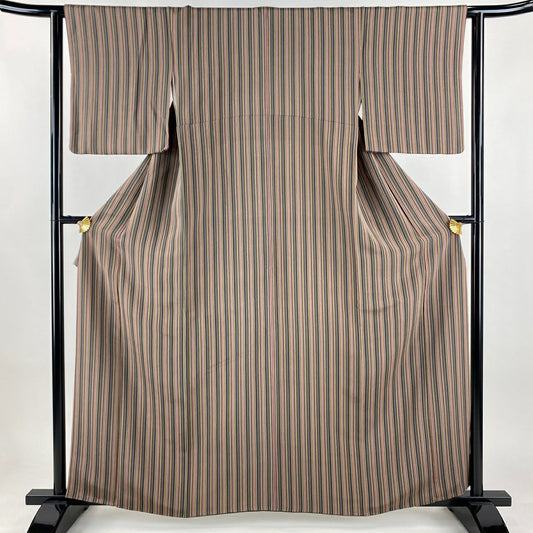 【美品】 小紋 身長160cm 袖長62cm S 雙層 縱條 縮緬 灰紫 純蠶絲 秀品級