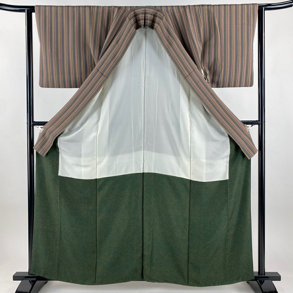 【美品】 小紋 身長160cm 袖長62cm S 雙層 縱條 縮緬 灰紫 純蠶絲 秀品級