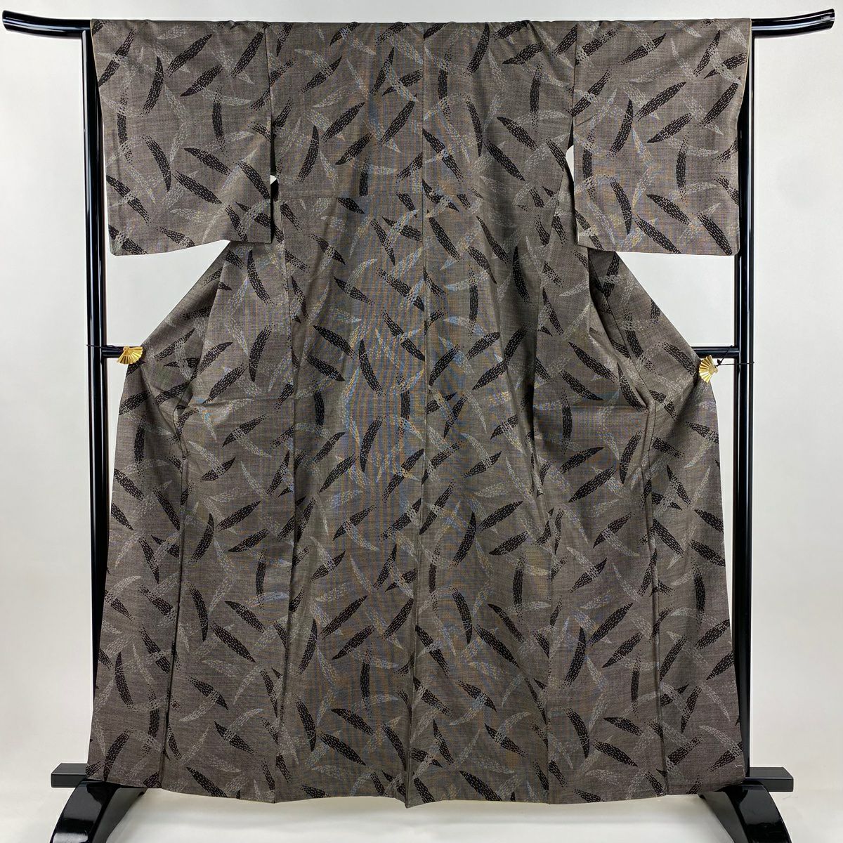 【美品】 紬織 身長162cm 袖長66cm M 雙層 葉 幾何圖案 焦茶 純蠶絲 秀品級