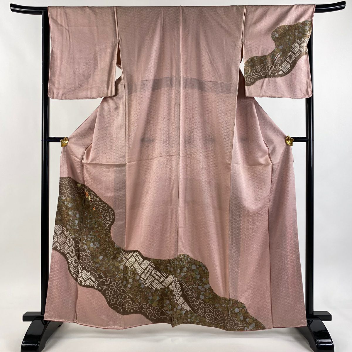 訪問服 身長162.5cm 袖長67cm M 雙層 葉與果實 草花紋紋 絞染 刺繡 粉紅 純蠶絲 優品級