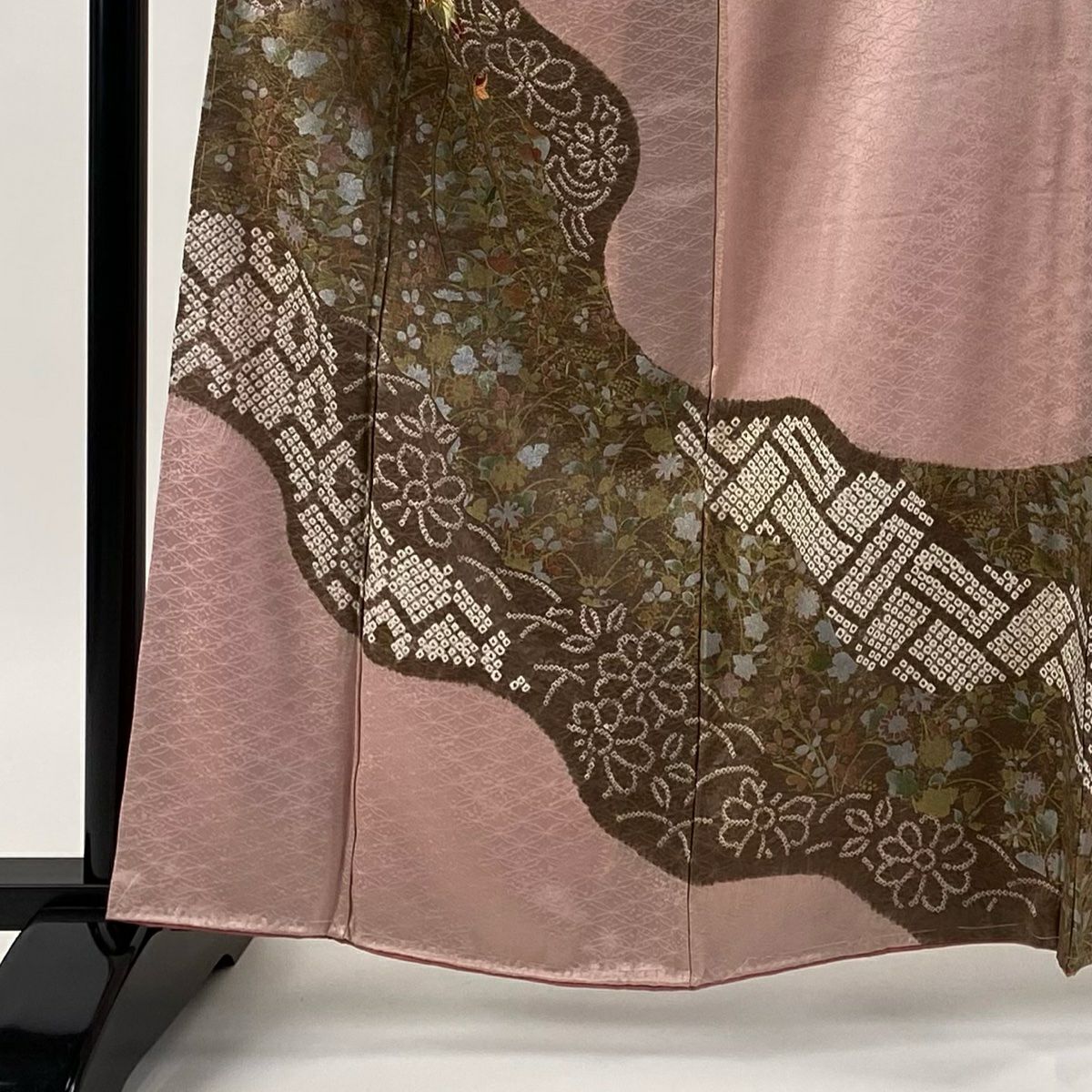 訪問服 身長162.5cm 袖長67cm M 雙層 葉與果實 草花紋紋 絞染 刺繡 粉紅 純蠶絲 優品級