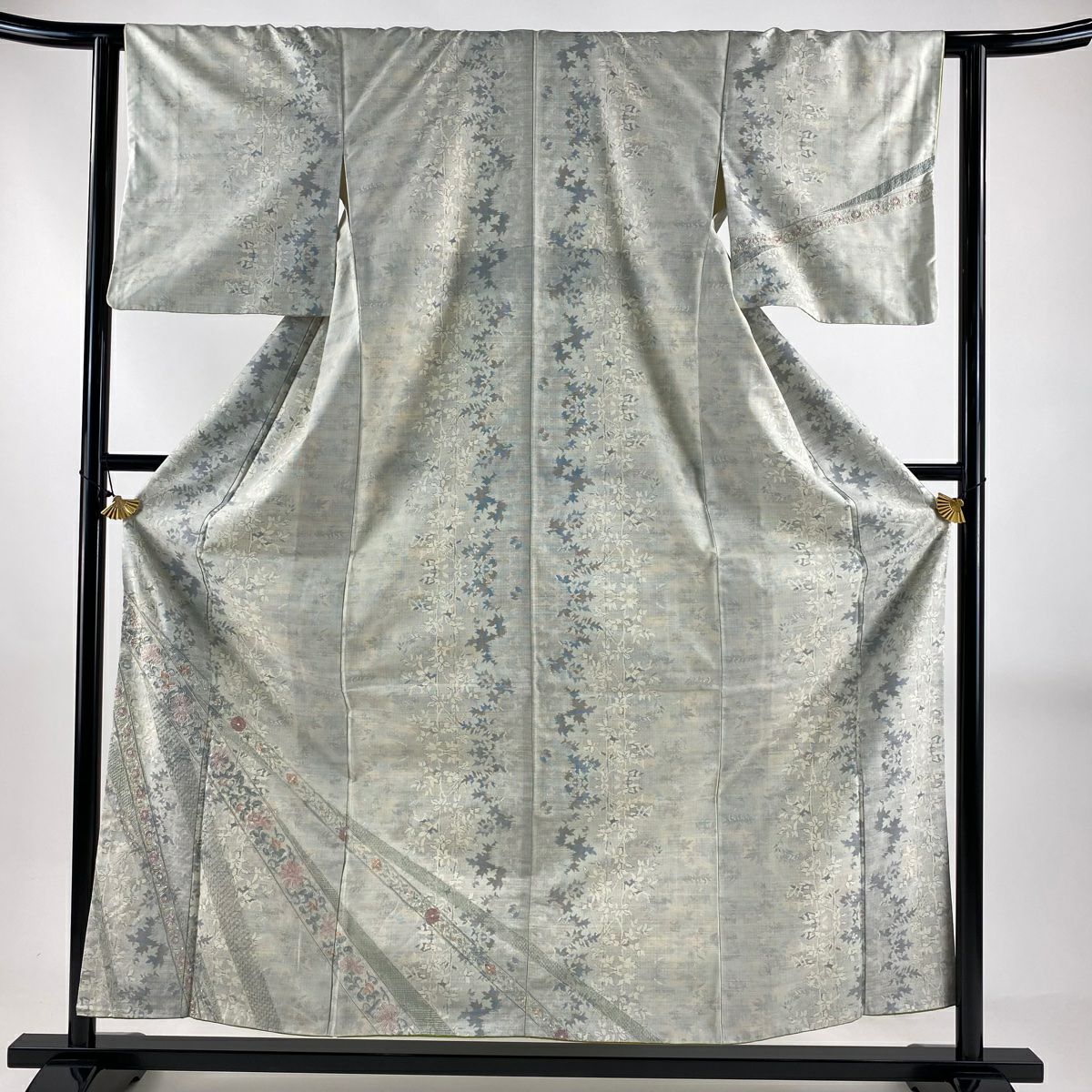 付下 身長156cm 袖長62cm S 雙層 紬織織 熨斗紋 葉柄 刺繡 淺綠 純蠶絲 名品級