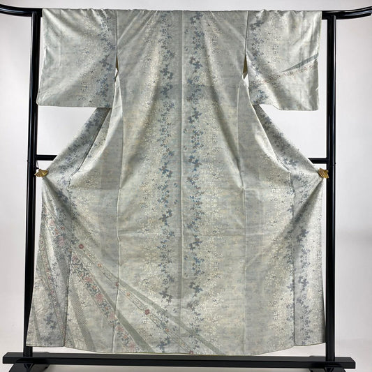 付下 身長156cm 袖長62cm S 雙層 紬織織 熨斗紋 葉柄 刺繡 淺綠 純蠶絲 名品級
