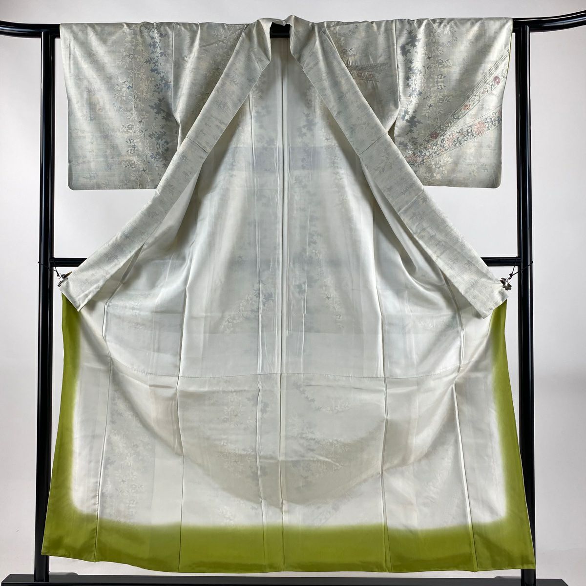 付下 身長156cm 袖長62cm S 雙層 紬織織 熨斗紋 葉柄 刺繡 淺綠 純蠶絲 名品級