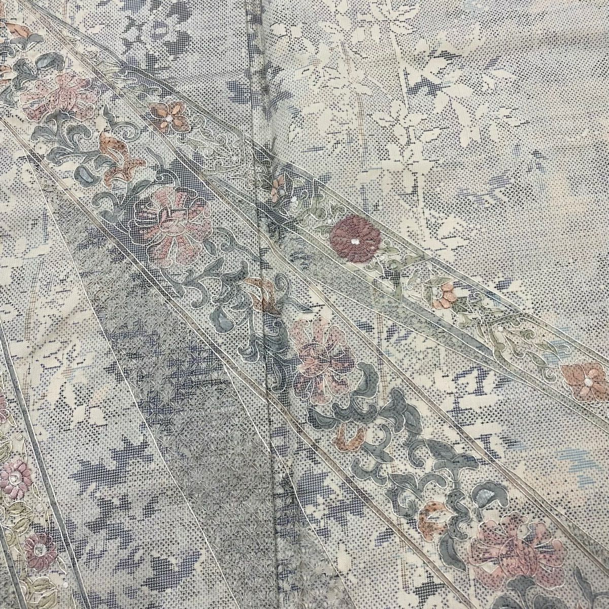 付下 身長156cm 袖長62cm S 雙層 紬織織 熨斗紋 葉柄 刺繡 淺綠 純蠶絲 名品級
