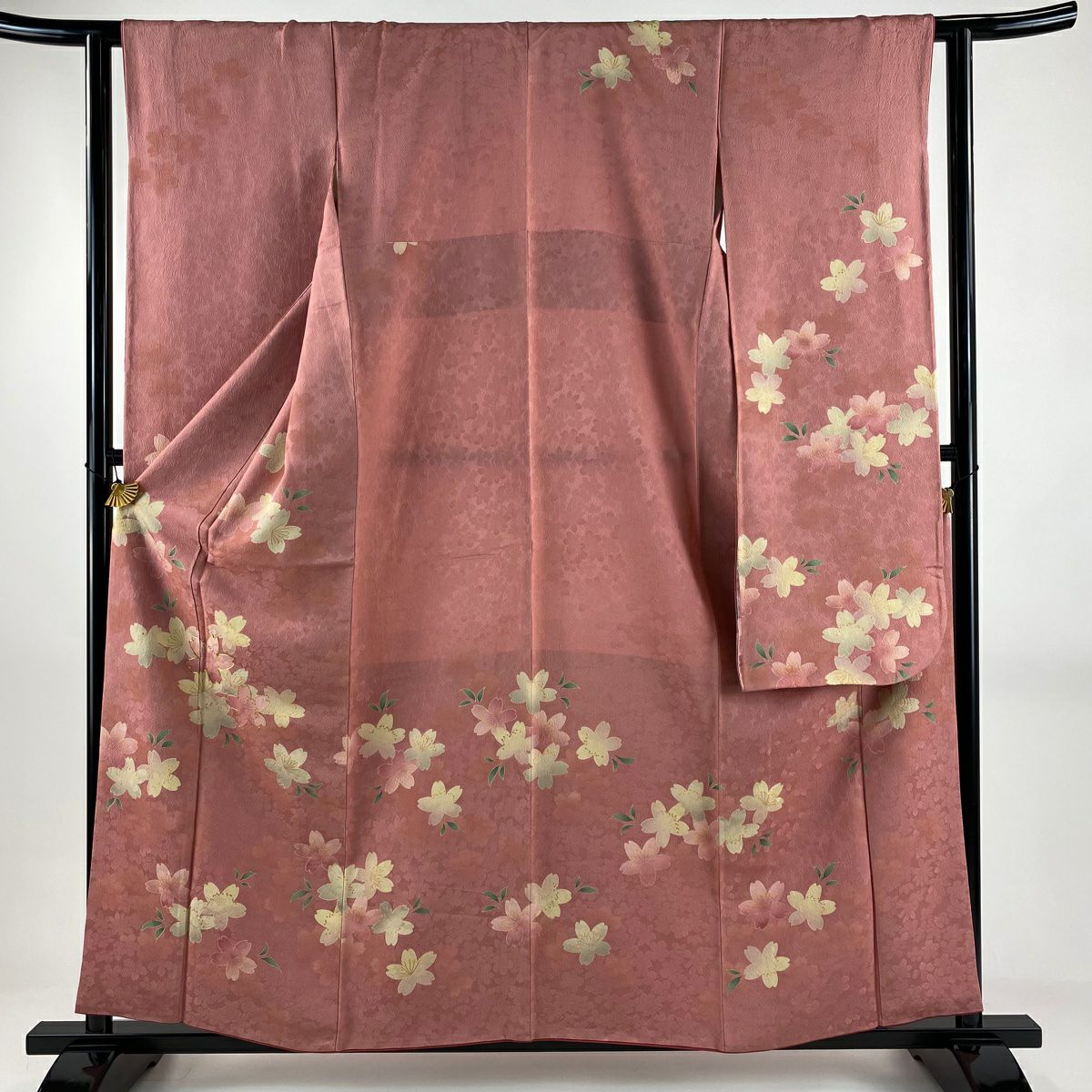 振袖禮服 身長159.5cm 袖長62cm S 雙層 櫻花 地紋 金絲 金銀彩 粉紅 純蠶絲 名品級