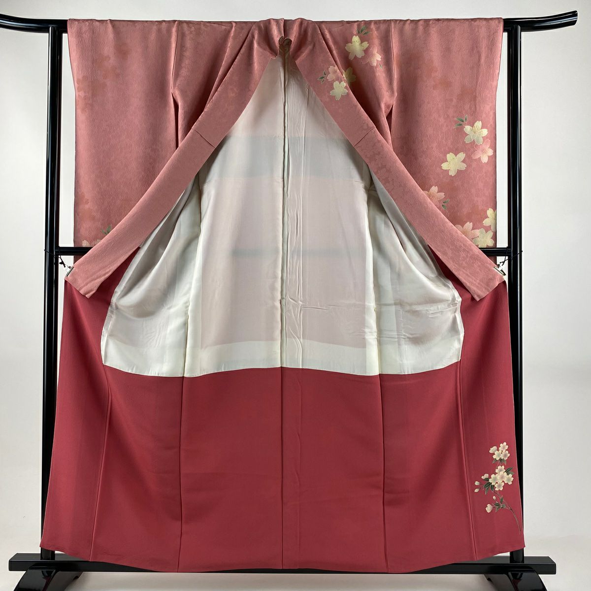 振袖禮服 身長159.5cm 袖長62cm S 雙層 櫻花 地紋 金絲 金銀彩 粉紅 純蠶絲 名品級