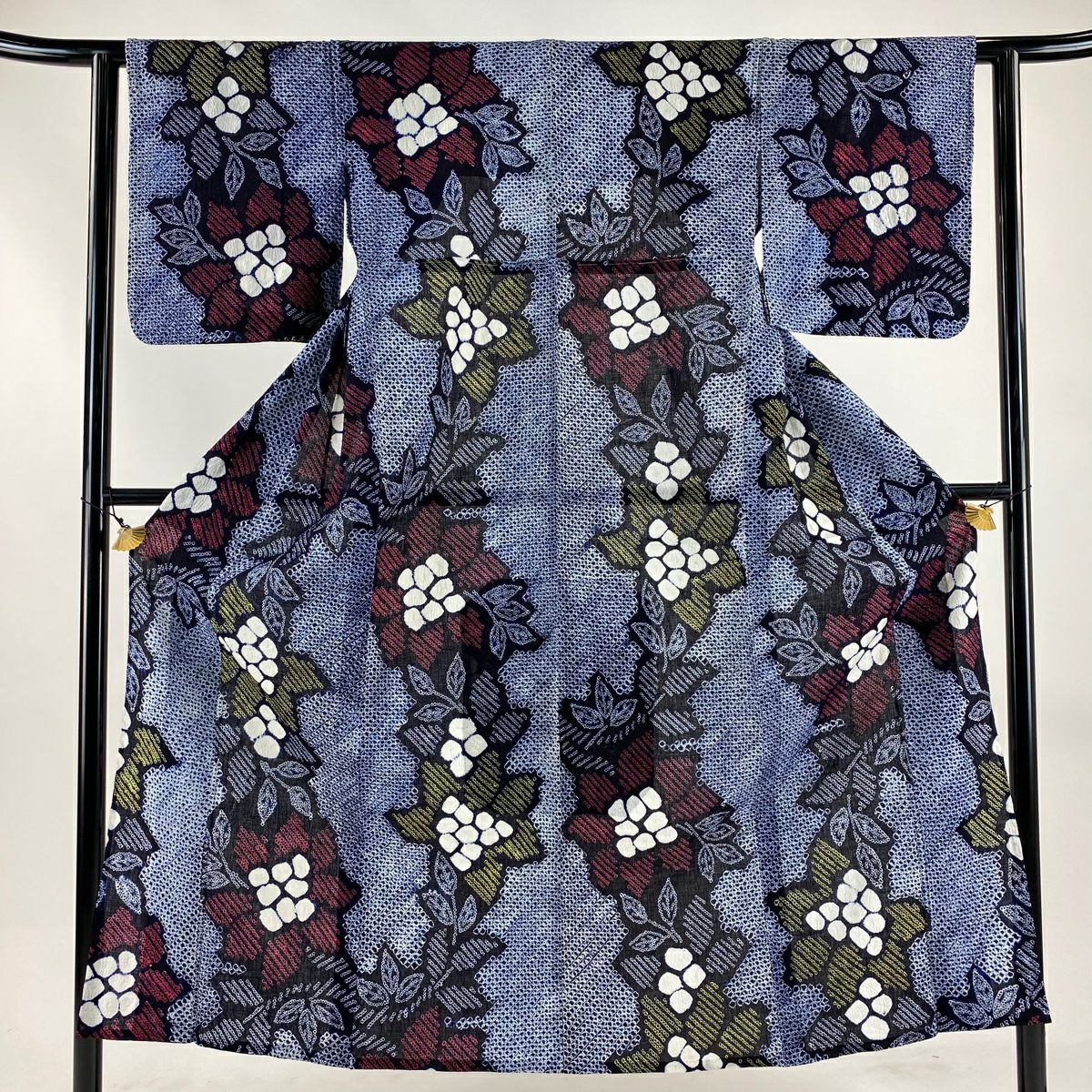 浴衣 身長152cm 袖長60.5cm S 絞染浴衣 草花紋紋 深藍 純棉 名品級
