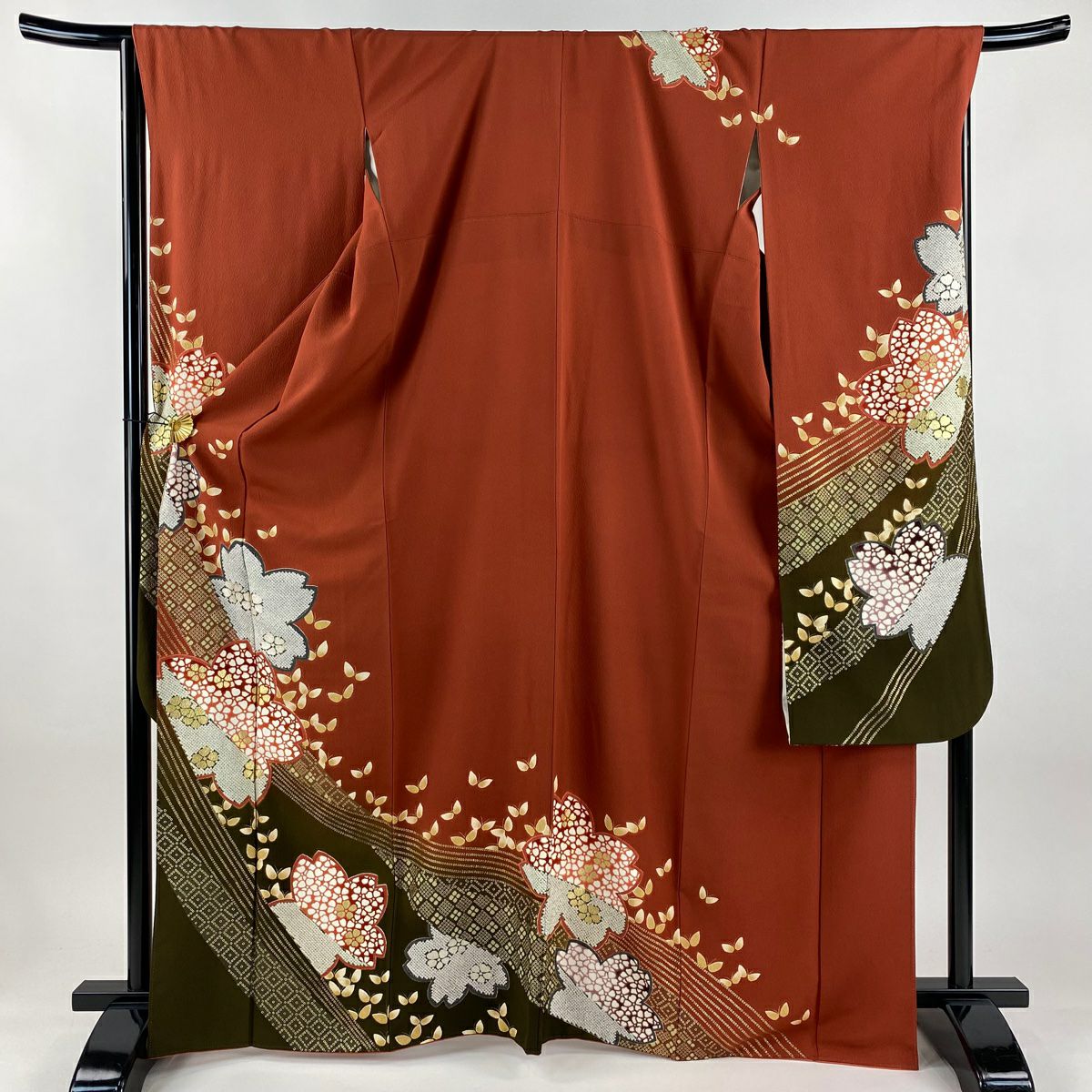振袖禮服 身長168cm 袖長68cm L 雙層 櫻花 蝴蝶 金銀彩 縮緬 紅茶 純蠶絲 名品級