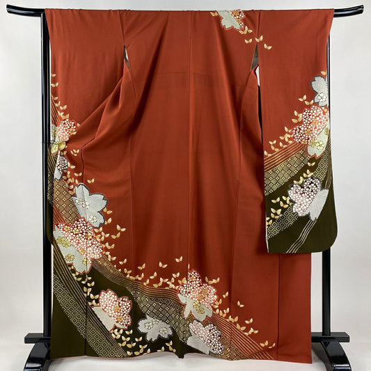 振袖禮服 身長168cm 袖長68cm L 雙層 櫻花 蝴蝶 金銀彩 縮緬 紅茶 純蠶絲 名品級