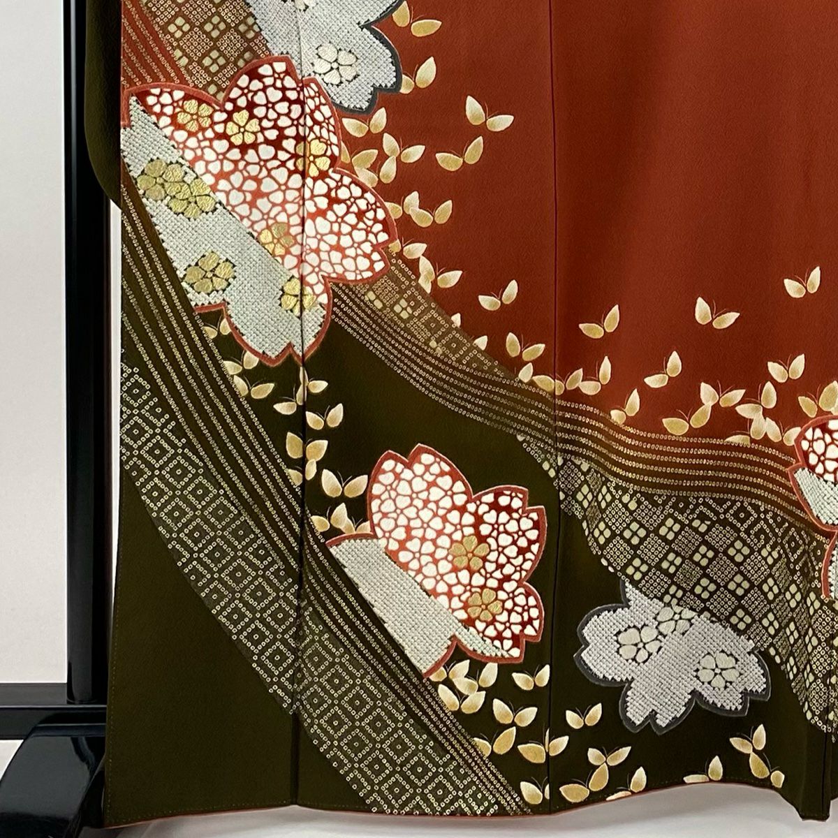 振袖禮服 身長168cm 袖長68cm L 雙層 櫻花 蝴蝶 金銀彩 縮緬 紅茶 純蠶絲 名品級