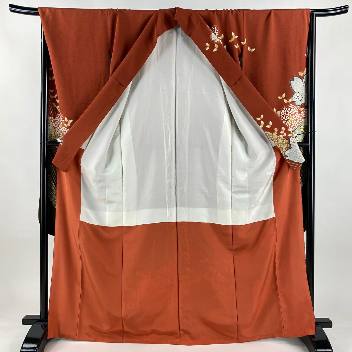 振袖禮服 身長168cm 袖長68cm L 雙層 櫻花 蝴蝶 金銀彩 縮緬 紅茶 純蠶絲 名品級