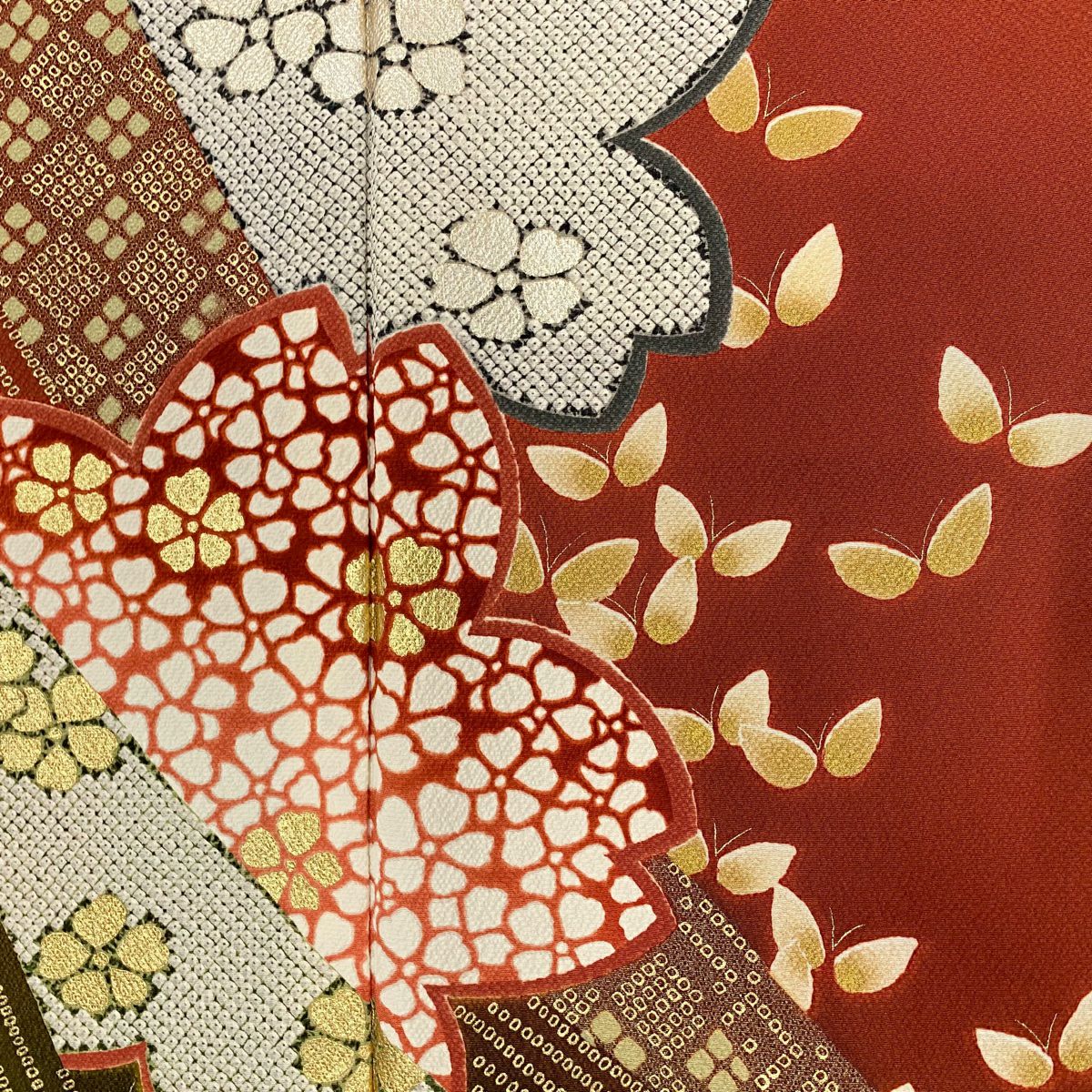 振袖禮服 身長168cm 袖長68cm L 雙層 櫻花 蝴蝶 金銀彩 縮緬 紅茶 純蠶絲 名品級