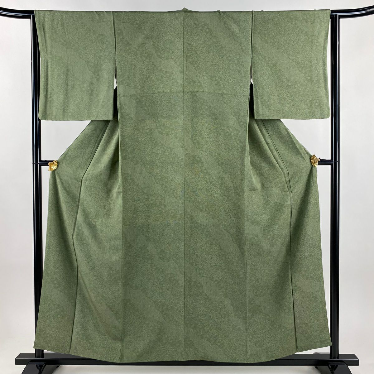 【美品】 江戶小紋 身長157cm 袖長64cm M 雙層 寄せ柄 道長取 よもぎ綠 純蠶絲 名品級