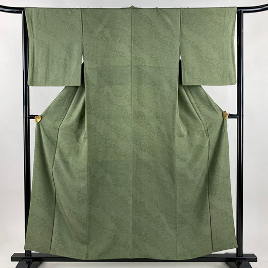 【美品】 江戶小紋 身長157cm 袖長64cm M 雙層 寄せ柄 道長取 よもぎ綠 純蠶絲 名品級