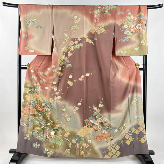 訪問服 身長163cm 袖長67.5cm L 雙層 落款有 扇子面 草花紋紋 金彩裝飾 染分 粉紅 純蠶絲 名品級