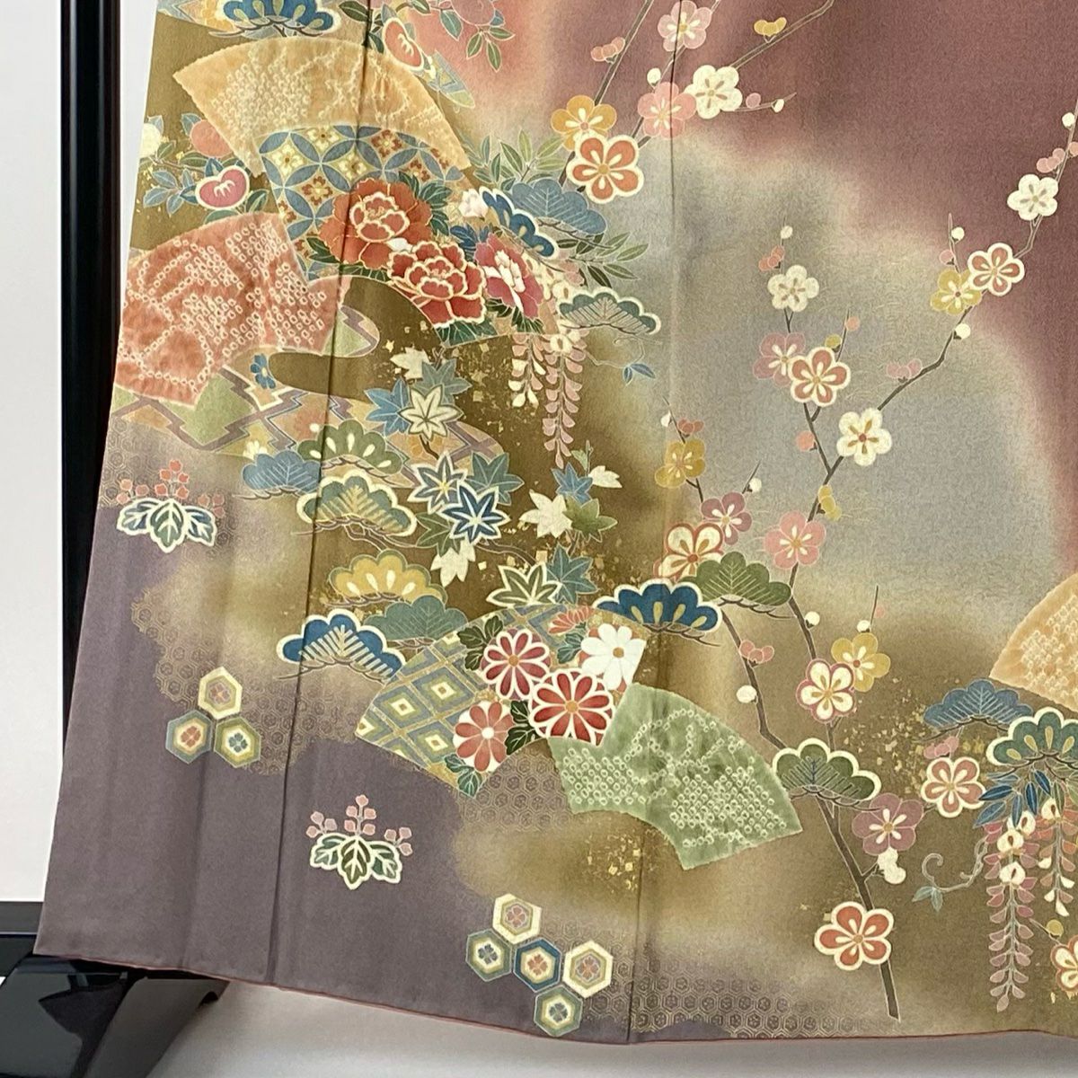 訪問服 身長163cm 袖長67.5cm L 雙層 落款有 扇子面 草花紋紋 金彩裝飾 染分 粉紅 純蠶絲 名品級