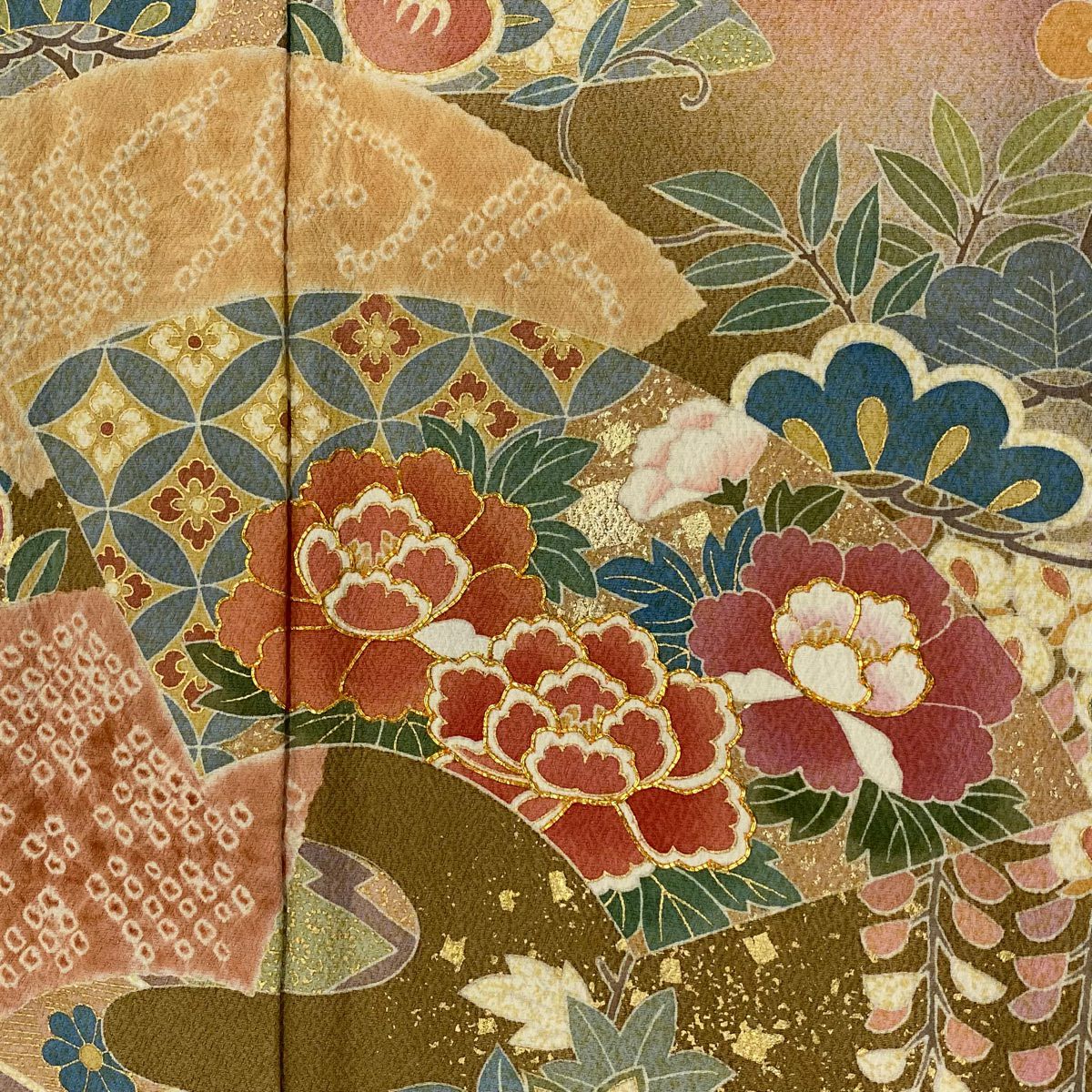 訪問服 身長163cm 袖長67.5cm L 雙層 落款有 扇子面 草花紋紋 金彩裝飾 染分 粉紅 純蠶絲 名品級