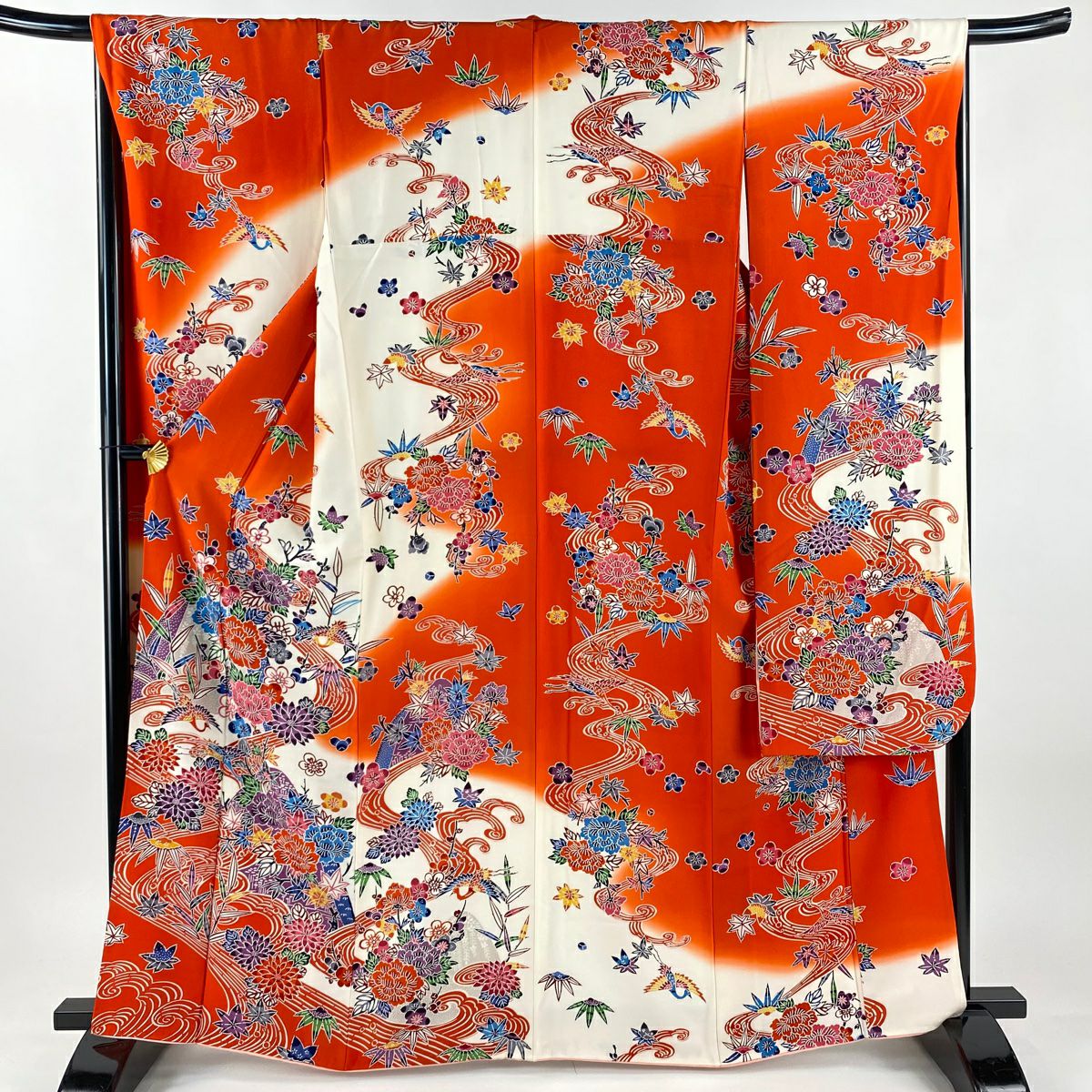 振袖禮服 身長164.5cm 袖長67.5cm L 雙層 仙鶴 草花紋紋 染分 朱色 純蠶絲 名品級