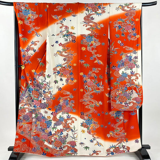 振袖禮服 身長164.5cm 袖長67.5cm L 雙層 仙鶴 草花紋紋 染分 朱色 純蠶絲 名品級
